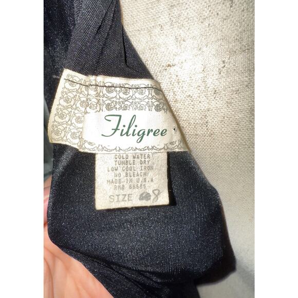 VTG Filigree Black Body Con Rouched Long Dress Lace Cap Sleeve Ruched - size 8 - Picture 6 of 12